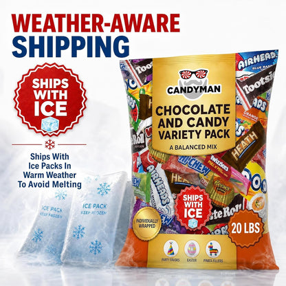CANDYMAN (5 LB) Chocolate Candy Variety Pack — Individually Wrapped Bulk Candy Mix, Fun & Mini Size Treats for, Pinata Fillers for Kids, Party Favors, Father's Day, Ship with Ice