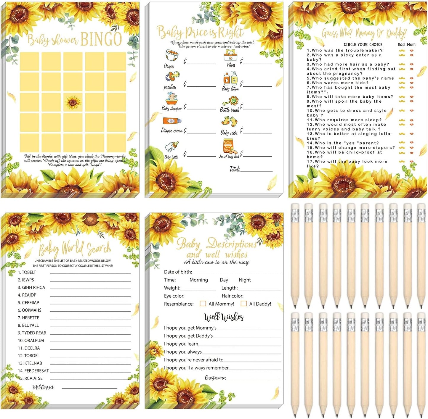 Yinder 145 Pcs Baby Shower Games Activities Cards with 20 Pencils Includes Baby Bingo Description and Wishes Guess Who Price is Right Word Scramble Game(Here Comes the Son)