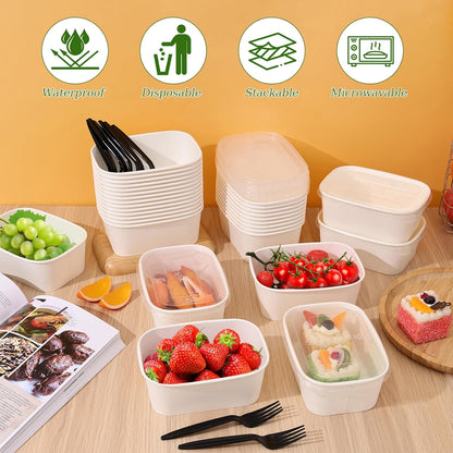 50-Pack 29oz Disposable Kraft Paper Bowls【with Lids and Forks】,Meal Prep Containers Disposable Togo Food Deli Containers for Restaurant Supplies Take Out Containers, Microwave Safe for Hot/Cold Food