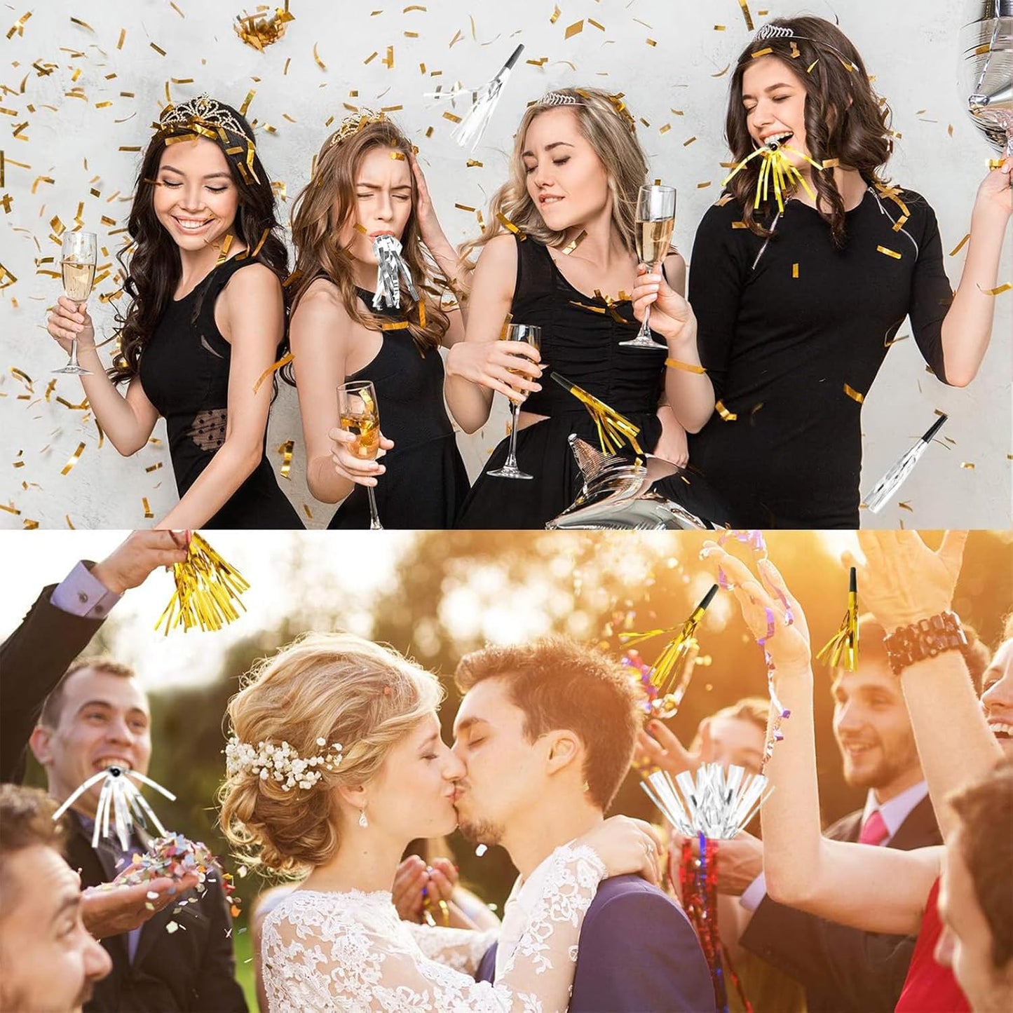 Sumind 24 Pcs Gold Noise Makers Metallic Fringed Party Blowers Horns Whistles Noisemakers Party Favors for Adults Birthday Graduation Sporting Events Celebration Surprise Supplies
