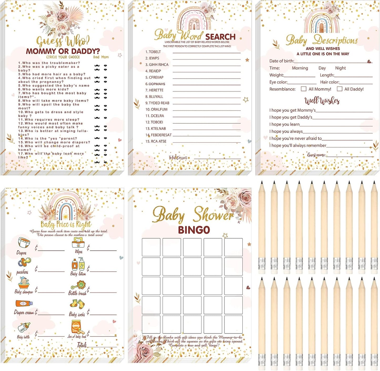 Yinder 145 Pcs Baby Shower Games Activities Cards with 20 Pencils Includes Baby Bingo Description and Wishes Guess Who Price is Right Word Scramble Game(Here Comes the Son)