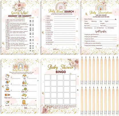 Yinder 145 Pcs Baby Shower Games Activities Cards with 20 Pencils Includes Baby Bingo Description and Wishes Guess Who Price is Right Word Scramble Game(Here Comes the Son)