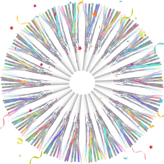 24 Pcs Party Blowers Glitter Iridescent Mermaid Unicorn Princess Noise Makers Metallic Fringed Horns Bulk for Graduation Birthday Favors Kids Decor(Pink, Purple, Blue, White)