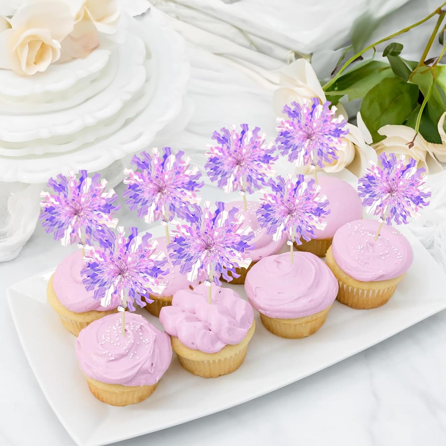 Ephlyn 30Pcs Foil Firework Cupcake Toppers Sparkle Tinsel Cupcake Picks Drink Stirrers Cocktail Food Fruit Toothpicks for Baby Shower Graduation Party Supplies White