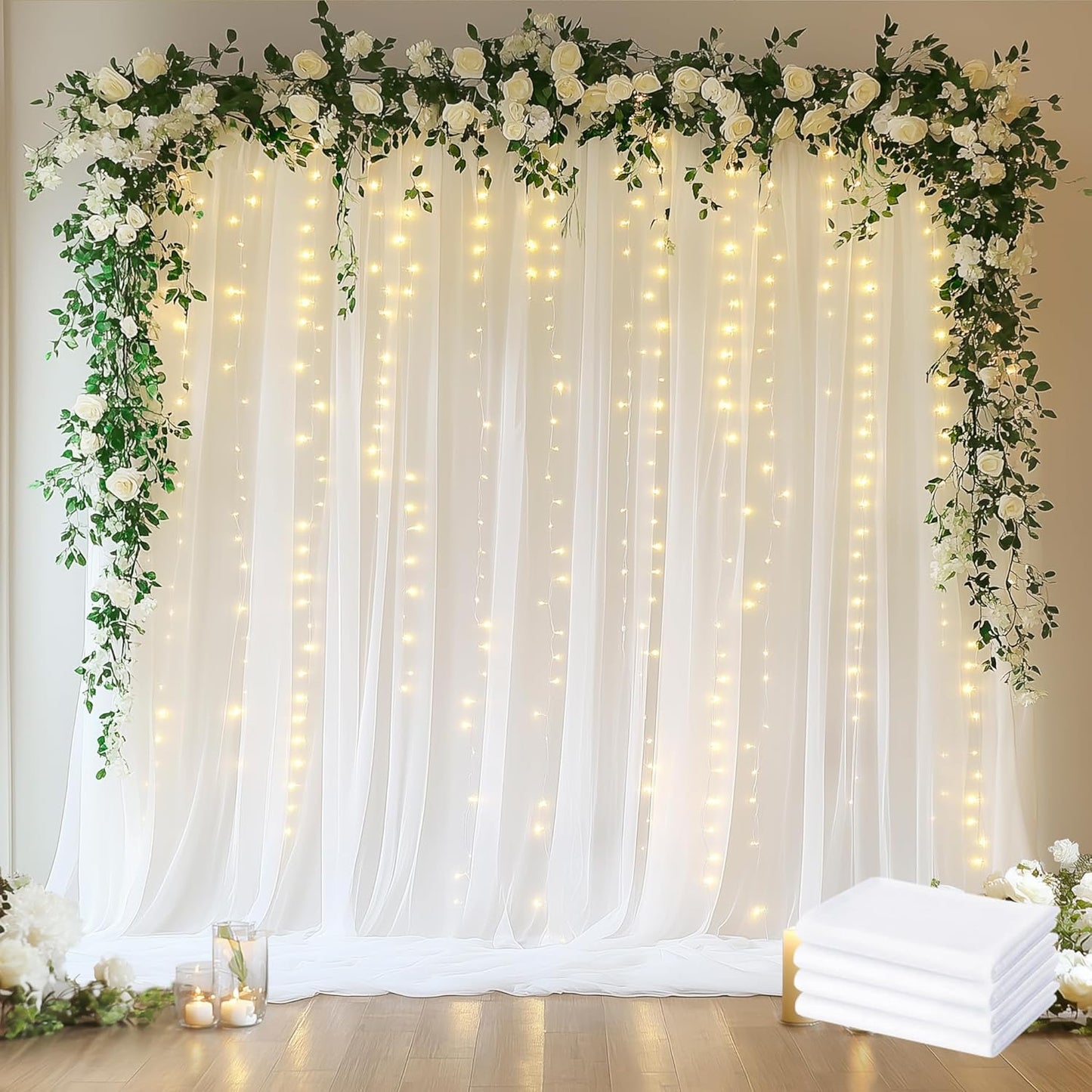 Fomcet Tulle Backdrop Curtains with Lights String White 10FT X 8FT Sheer Curtain with Lights Tulle Curtains Backdrop for Wedding Birthday Party Baby Shower Photo Shoot (2 Panels 5x8FT)