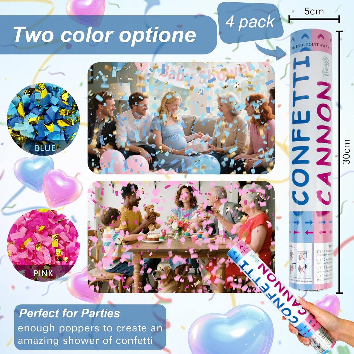 4 Pack Gender Reveal Confetti Cannon, 12 in Blue Rectangle Shaped Paper Party Poppers Cannons, Confetti Poppers For Baby Boy Gender Reveal Baby Showers (Rectangle, Blue)