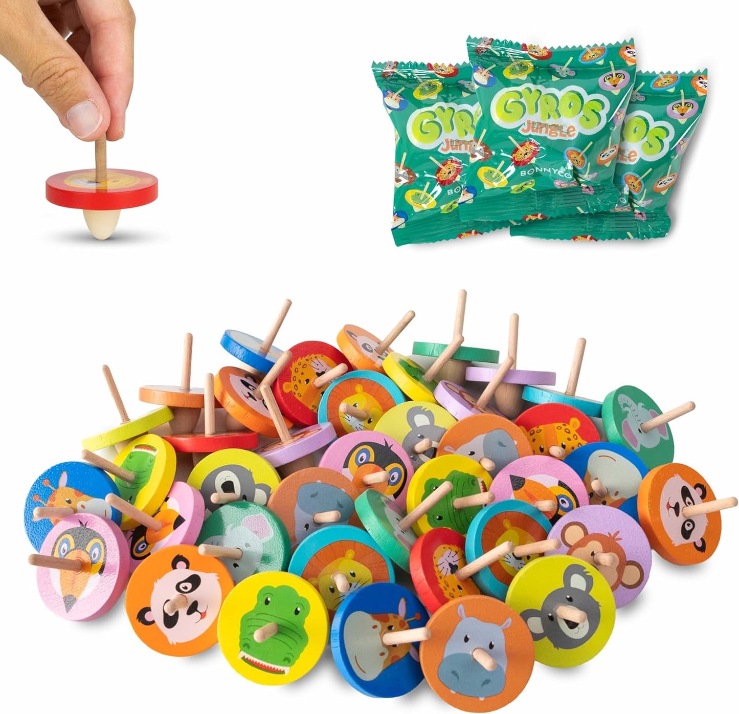 BONNYCO Wood Spinning Top 40 Pack Jungle Kids Party Favors. Spinning Tops Goodie Bags Stuffers for Kids 3-5 4-8, Return Gifts for Birthday Party. Goody Bag Stuffers, Pinata, Classroom Prizes, Rewards
