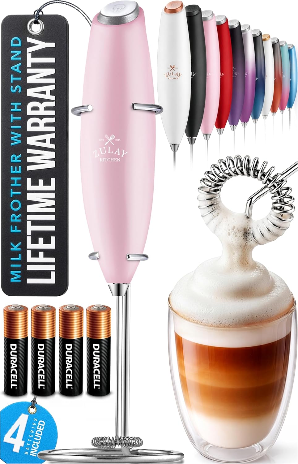 Zulay Kitchen Powerful Milk Frother Wand With Duracell Batteries - Ultra Fast Handheld Drink Mixer - Electric Whisk Foam Maker for Coffee, Lattes, Cappuccino & Matcha - Z1 Motor - Black - Colors B