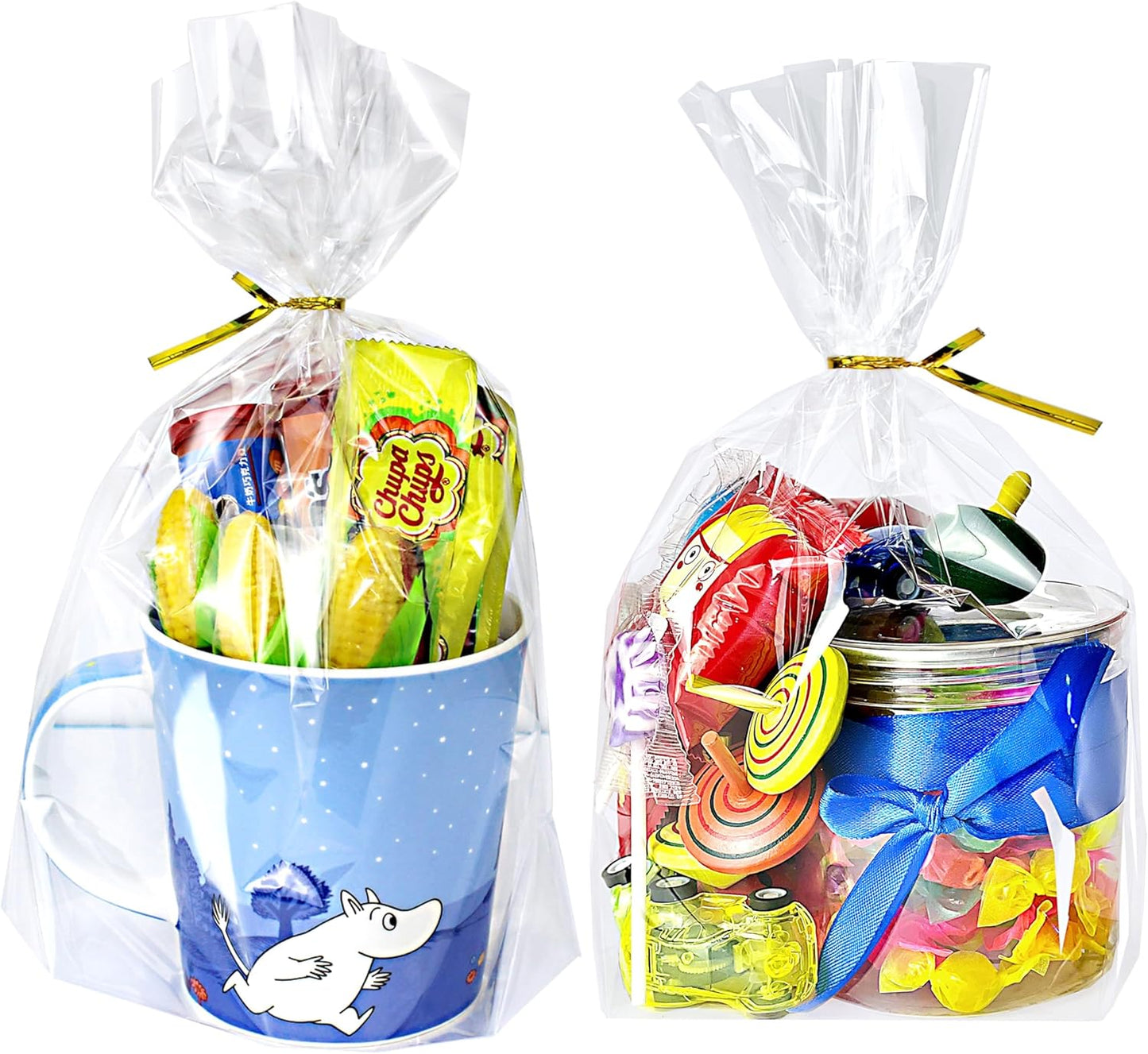 PigPotParty Cellophane Treat Bags 6x9 Inch, 50 Pack Clear Goodie Bags with Bottom Gusset for Stand-Up Display, Small Plastic Gift Wrap for Cookies, Candy, Party Favors, Popcorn, Includes 50 Gold Ties
