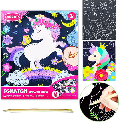 JUNQIU Scratch Art for Kids, Unicorns Black Rainbow Scratch Art Paper Set-Arts and Crafts & Supplies, DIY Activity & Party Games, Gifts for Toddlers, Girls & Boys Ages 3, 4, 5, 6, 7, 8
