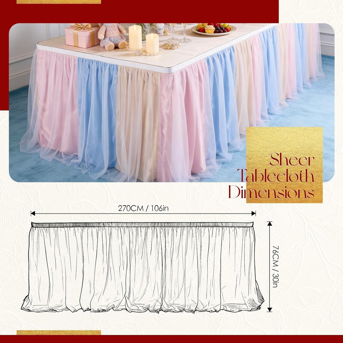 THARAHT Tulle Table Skirt 6FT 180CM Long for Rectangle Tables Round Tables Ruffle Desk Skirt for Princess Girls Birthday Party Cake Dessert Decorations Table Skirt