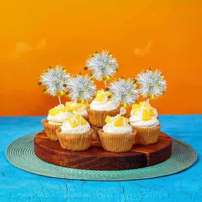 Ephlyn 30Pcs Foil Firework Cupcake Toppers Sparkle Tinsel Cupcake Picks Drink Stirrers Cocktail Food Fruit Toothpicks for Baby Shower Graduation Party Supplies White