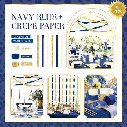 NICROLANDEE Navy Blue Party Decorations - 6 Rolls Navy Blue Gold Ivory Crepe Paper Streamers Tassels Paper for Graduation Party Bridal Shower Wedding Birthday Supplies