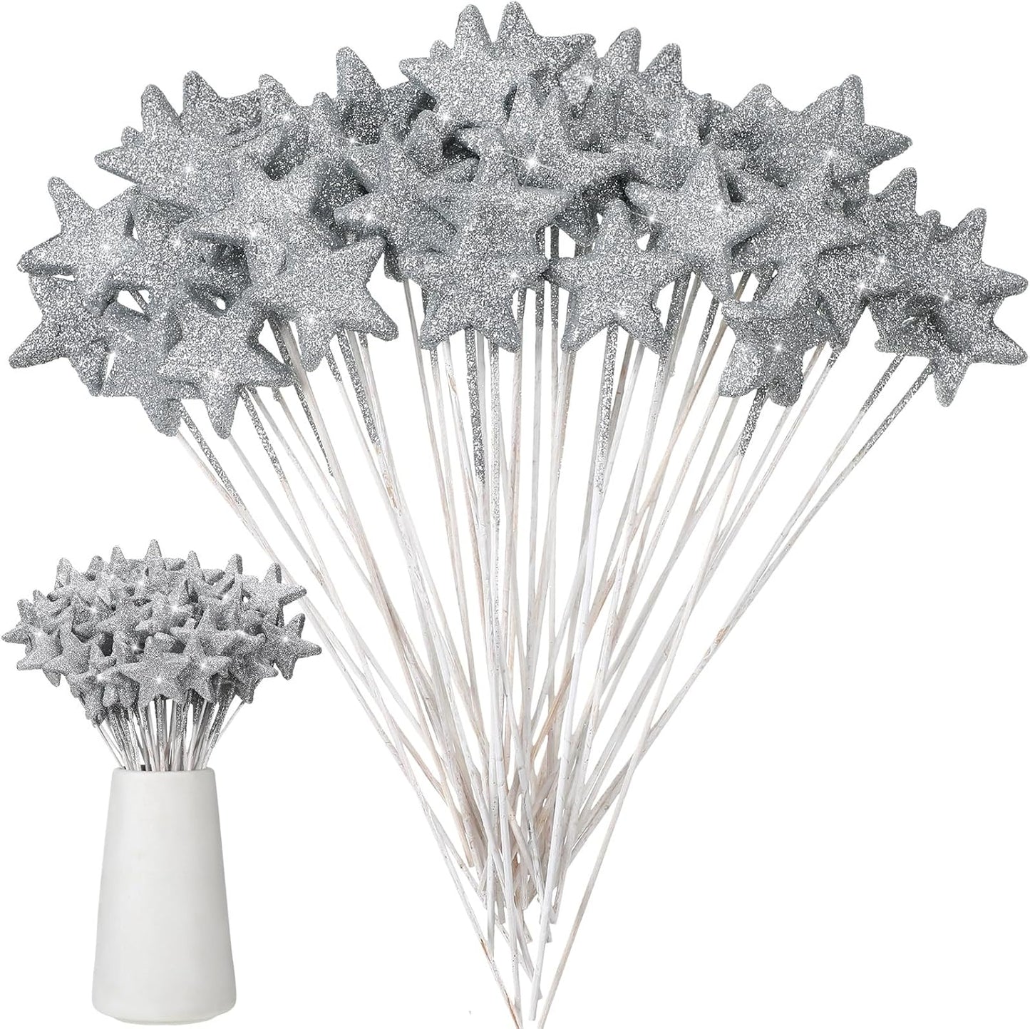 Suzile 60 Pcs Golden Star Floral Pick 8'' Star Centerpiece Table Decor Gold Glitter Craft Stick Sparkly Foam Stem for Floral Arrangement Wreath Wedding Bridal Baby Shower Birthday Stars Arrangement