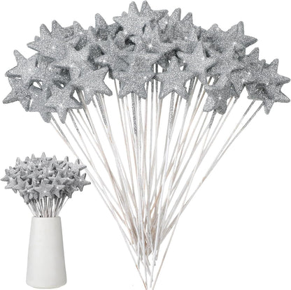 Suzile 60 Pcs Golden Star Floral Pick 8'' Star Centerpiece Table Decor Gold Glitter Craft Stick Sparkly Foam Stem for Floral Arrangement Wreath Wedding Bridal Baby Shower Birthday Stars Arrangement