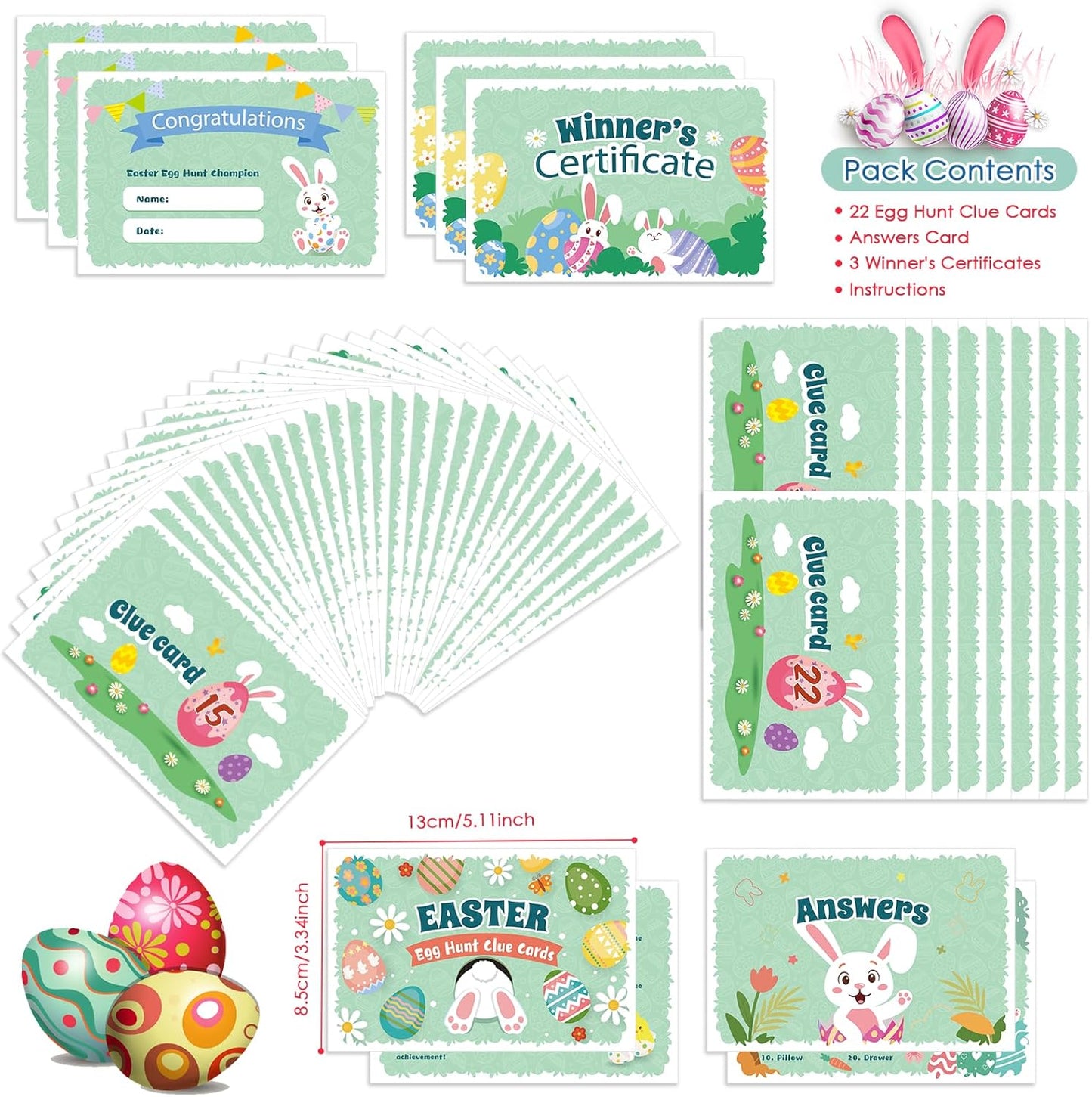AhfuLife Easter Egg Scavenger Hunt Clue Cards for Family Friends, 27 Cards Set with Clues, Rules, Answers, Winner Cards for Easter Party Activities, Games Indoor, Easter Party Decorations Supplies