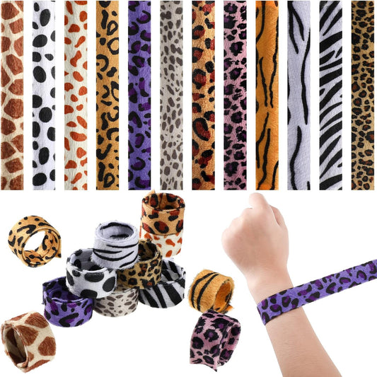 Zhanmai 36 Pieces Jungle Animal Print Slap Bracelets Safari Print Slap Snap Bracelets Slap Bands with Cheetah Zebra Tiger and Cow Prints for Boys and Girls Animal Theme Birthday Party Favors,12 Styles