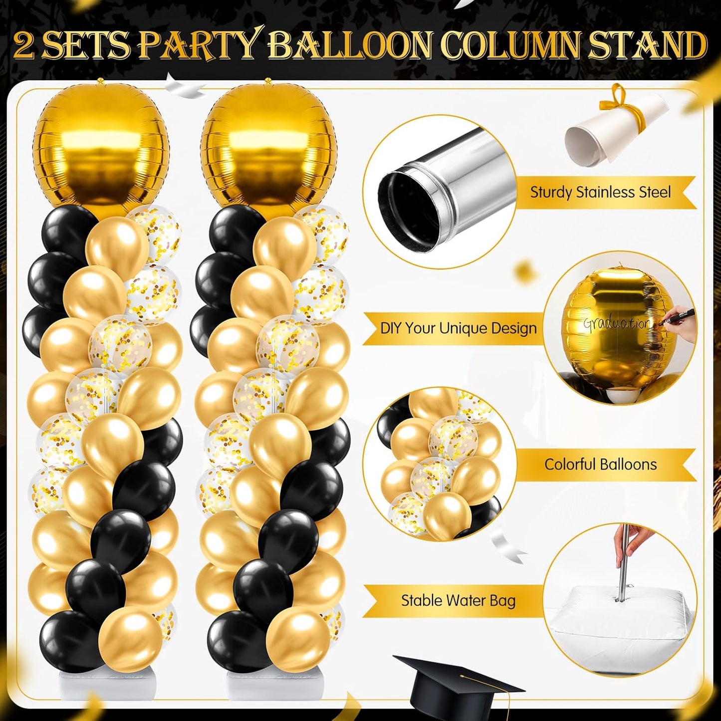 2 Sets Blue and Black White Graduation Balloon Column Stand Kit for Class of 2026, Adjustable Floor Balloon Arch Tower with Foil & Latex Balloons, DIY Decor for Grad Ceremony Backdrop