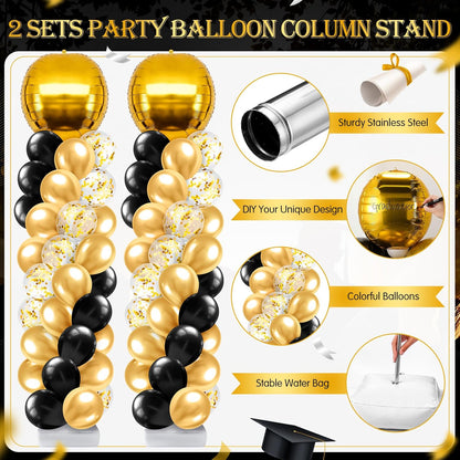 2 Sets Blue and Black White Graduation Balloon Column Stand Kit for Class of 2026, Adjustable Floor Balloon Arch Tower with Foil & Latex Balloons, DIY Decor for Grad Ceremony Backdrop