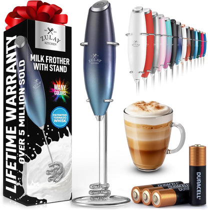 Zulay Kitchen Powerful Milk Frother Wand With Duracell Batteries - Ultra Fast Handheld Drink Mixer - Electric Whisk Foam Maker for Coffee, Lattes, Cappuccino & Matcha - Z1 Motor - Black - Colors B