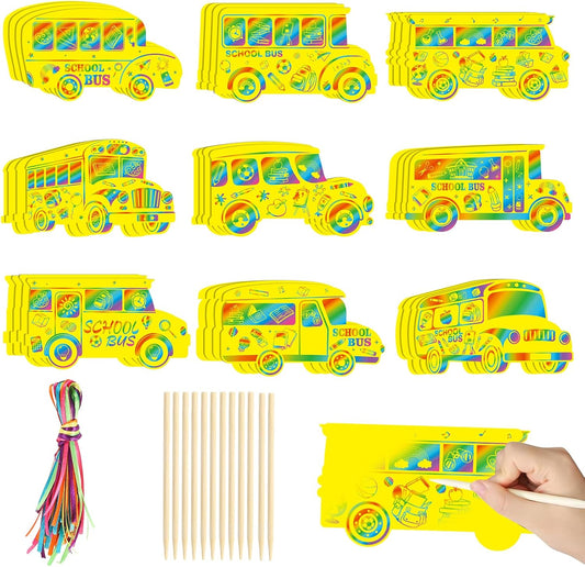 HOWAF 36 Pcs Welcome Back to School Scratch Art, School Bus Scratch Cards First Day of School Gifts for Students, Classroom DIY Crafts Party Favors