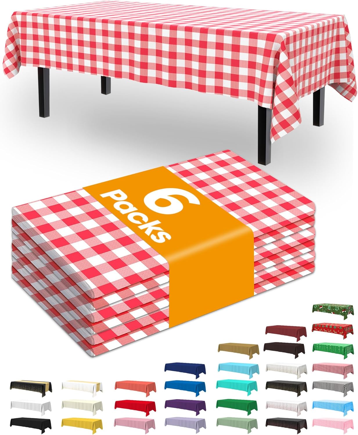 Pureegg Plastic Table Cloth Disposable 6 Pack, 54 x 108 Inch Table Cloths, Party, Picnic, Wedding, Decorative Tablecloths, Rectangle, White Plastic Cover, Waterproof, White
