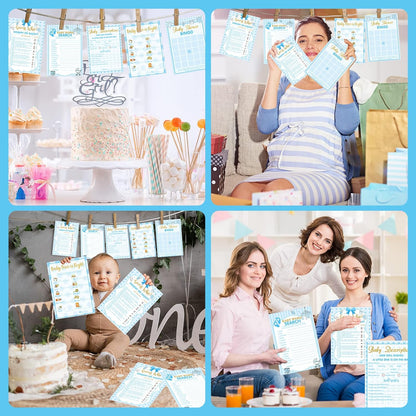Yinder 145 Pcs Baby Shower Games Activities Cards with 20 Pencils Includes Baby Bingo Description and Wishes Guess Who Price is Right Word Scramble Game(Here Comes the Son)
