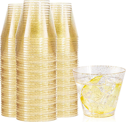 Nervure 120PCS Gold Plastic Cups - 9Oz Gold Rimmed Plastic Cups - Heavy Duty Disposable Clear Cup with Gold Rim Perfect for Weddings, Receptions & Parties