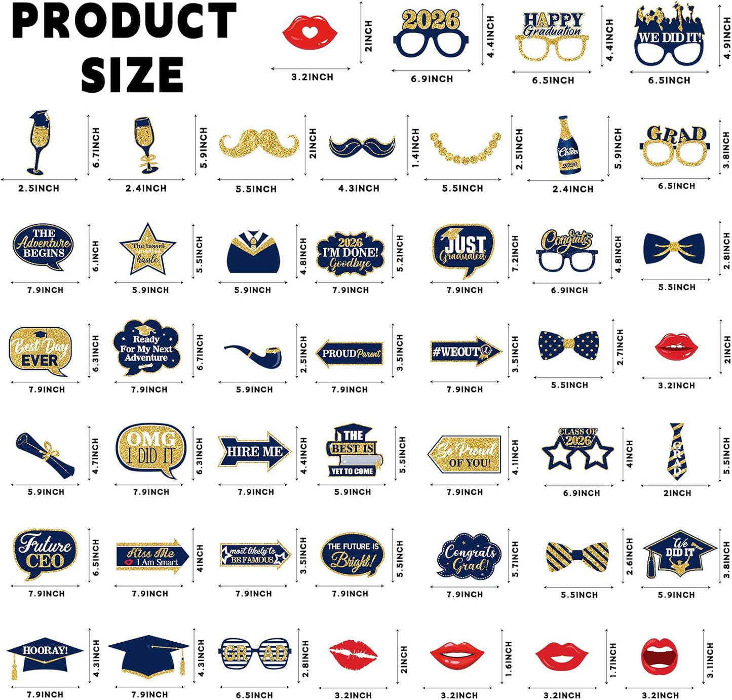 46Pcs Blue Gold Graduation Photo Booth Props 2026 Graduation Decorations with Sticks Class of 2026 Grad Party Favors Supplies for High School & College