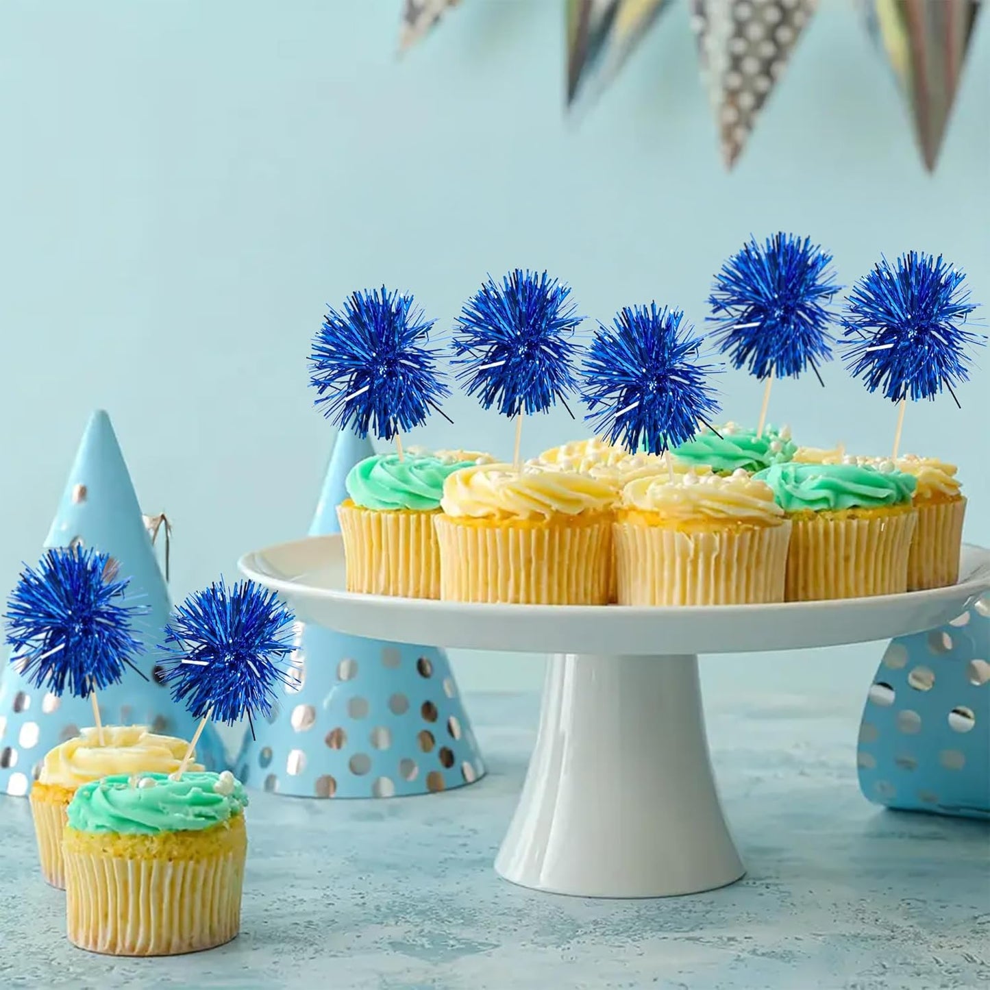 Ephlyn 30Pcs Foil Firework Cupcake Toppers Sparkle Tinsel Cupcake Picks Drink Stirrers Cocktail Food Fruit Toothpicks for Baby Shower Graduation Party Supplies White