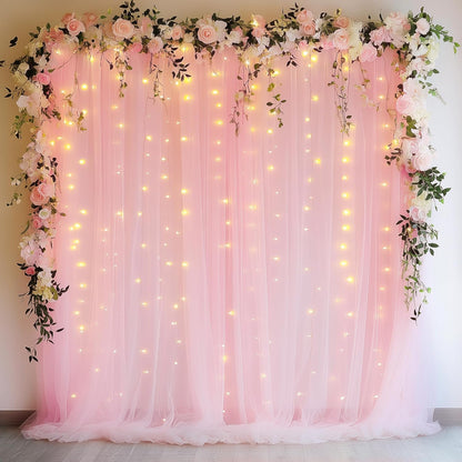 Fomcet Tulle Backdrop Curtains with Lights String White 10FT X 8FT Sheer Curtain with Lights Tulle Curtains Backdrop for Wedding Birthday Party Baby Shower Photo Shoot (2 Panels 5x8FT)