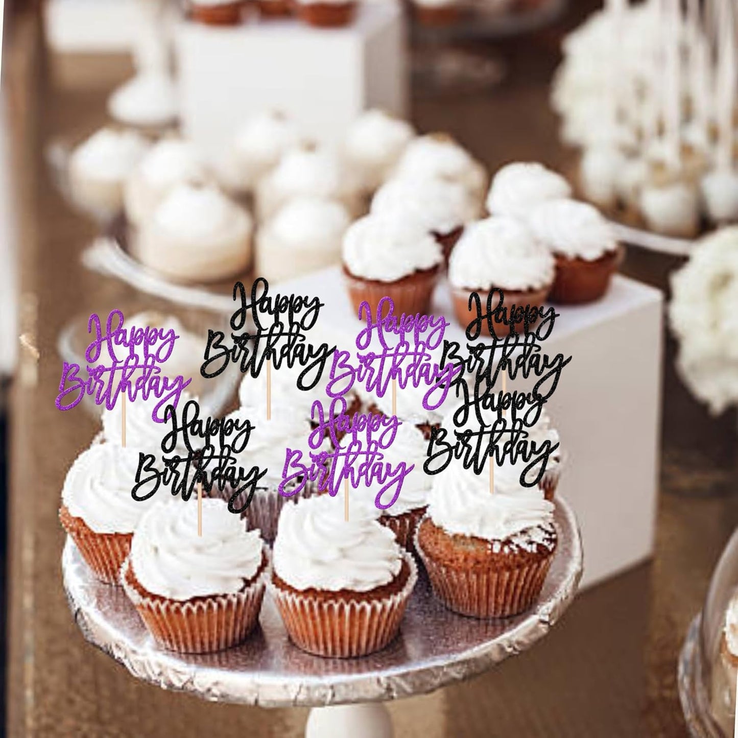 24 PCS Happy Birthday Cupcake Toppers Glitter Picks for Celebrating Anniversary Theme Party Cake Decorations Supplies Gold