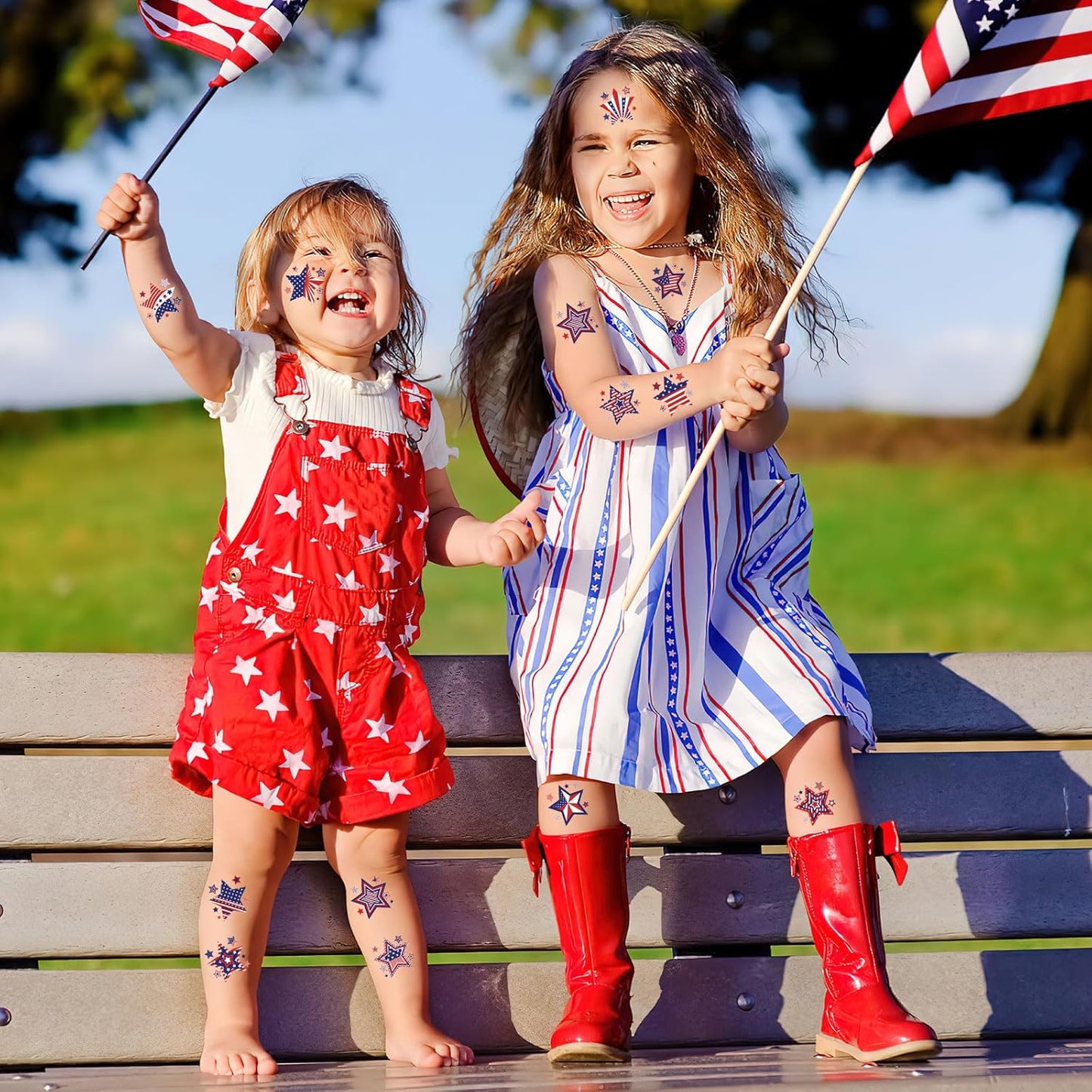 JUNEBRUSHS 4th of July Temporary Tattoos, 180 Pcs Patriotic Stars Tattoos Red White and Blue Party Decorations USA Independence Day Supply 12 Styles Safety Face Make up for Fourth of July Memorial Day