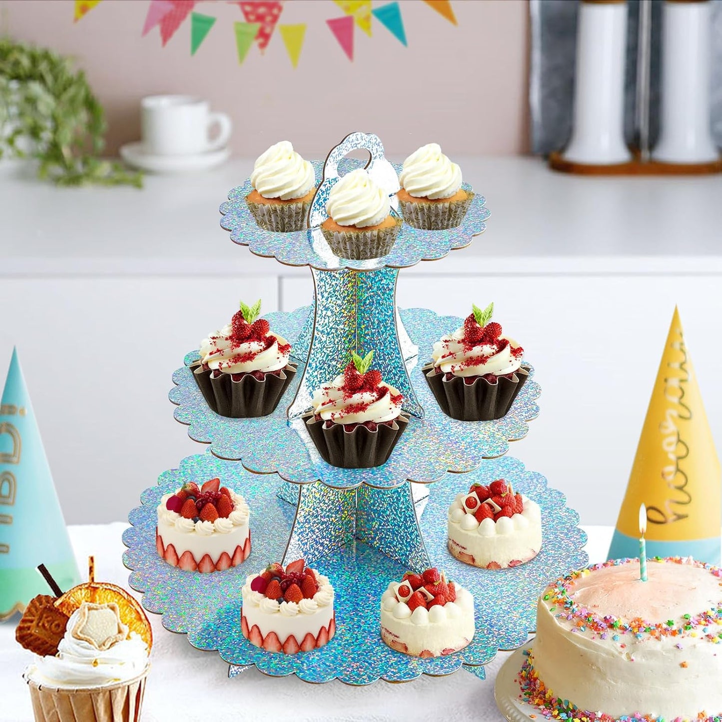Soleebee 3-Tier Cupcake Stand, Cardboard Cupcake Tower, Dessert Cup Cake Stand Tower for Birthday Wedding Party Decoration, Cupcake Tier Stand 1 Set (Black)