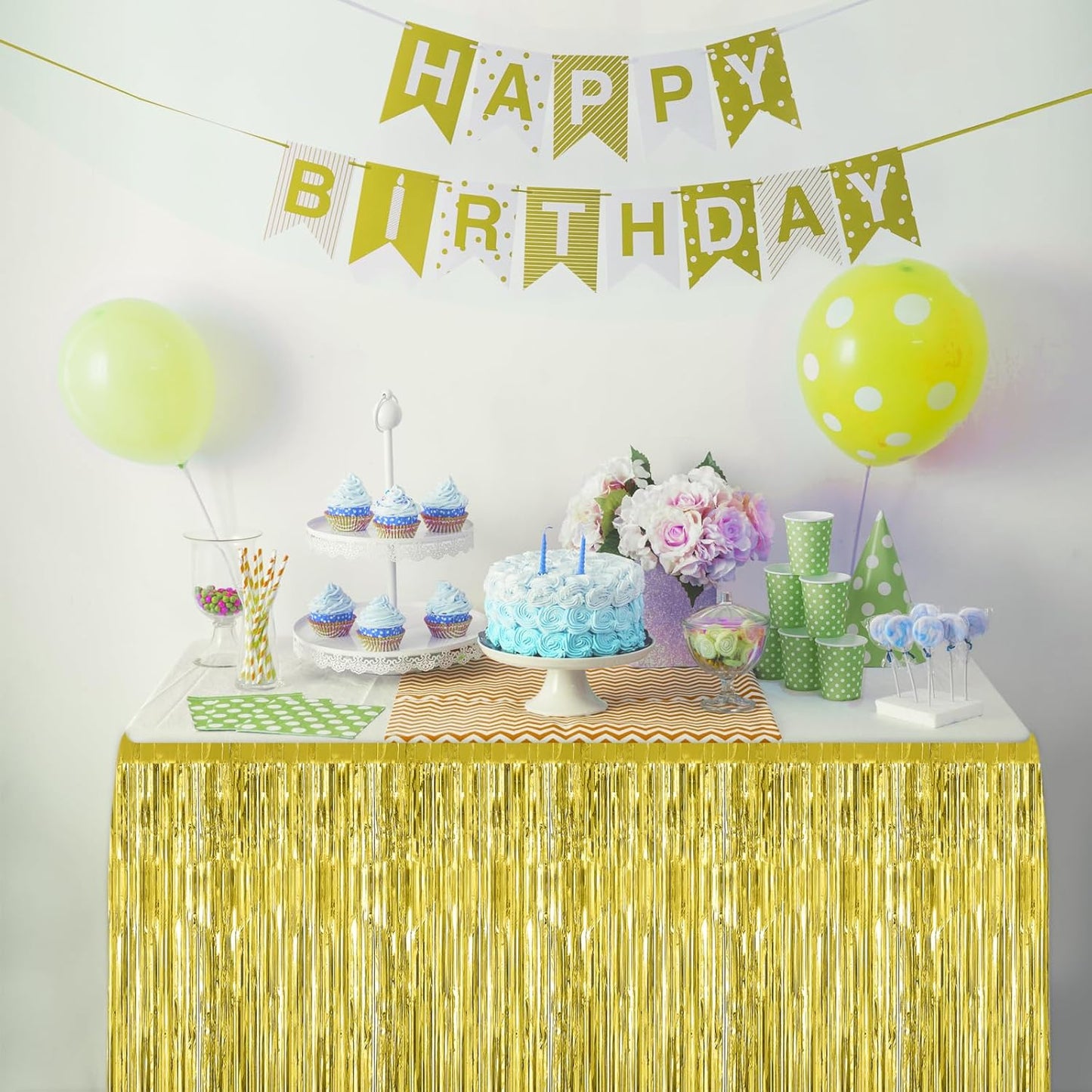 2 Pack 29.5x108 Inch Silver Foil Tinsel Fringe Table Skirts, Disposable Table Skirts for Rectangle Tables Curtains Backdrop Parade Wedding Floats Baby Shower Birthday Mardi Gras Party