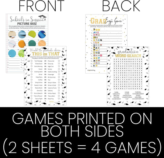 DISTINCTIVS Graduation Party Games, 4 Graduation Games for Parties Class of 2026 - This or that, Emoji, Picture Zoom, Word Search - 25 Guests
