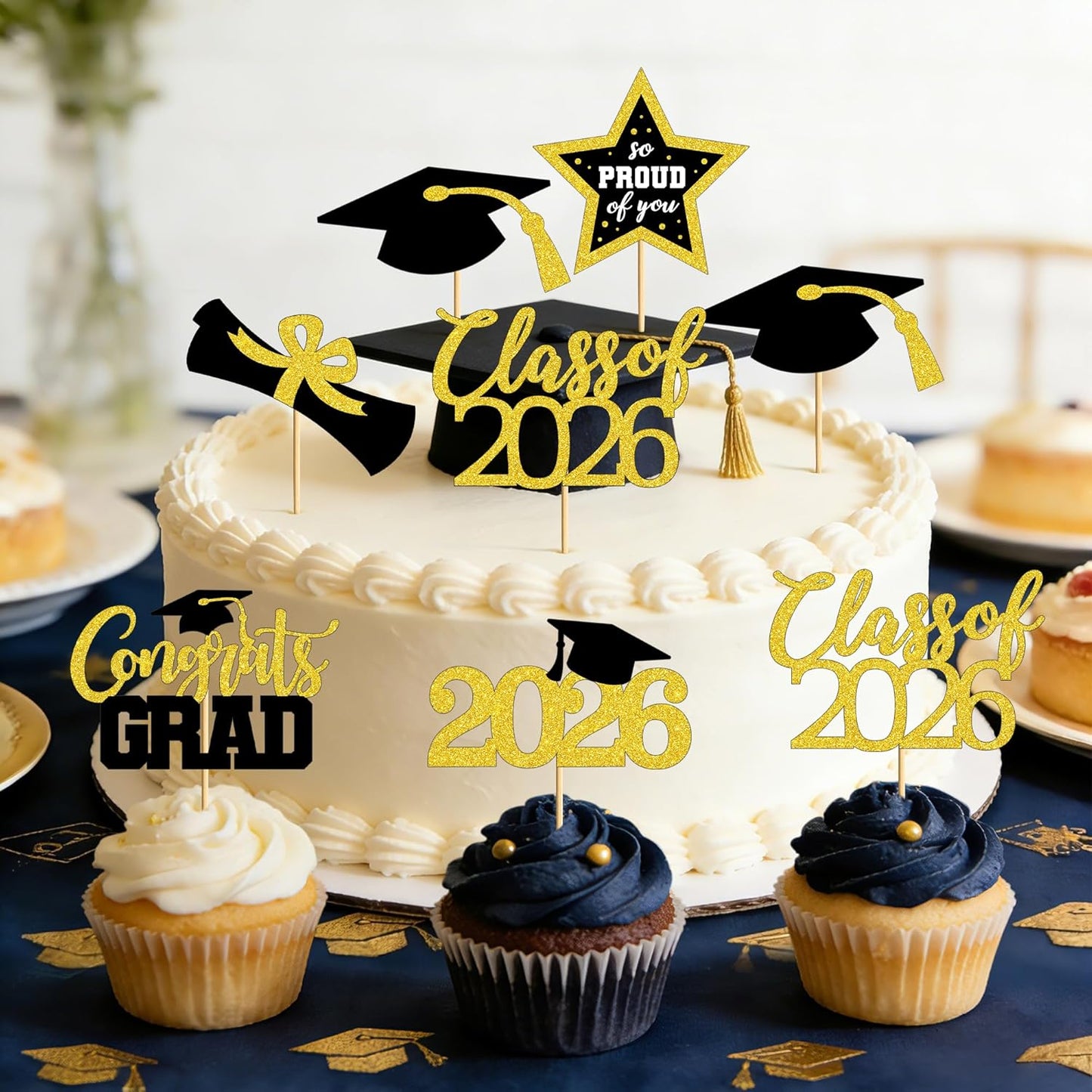 48 PCS Graduation Cupcake Toppers, Glittery 6 Styles Congrats Grad Cake Topper, Black and Red Graduation Decorations 2026, Cap and Diploma Cake Picks for Grad Party Supplies