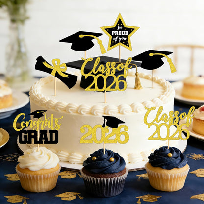48 PCS Graduation Cupcake Toppers, Glittery 6 Styles Congrats Grad Cake Topper, Black and Red Graduation Decorations 2026, Cap and Diploma Cake Picks for Grad Party Supplies