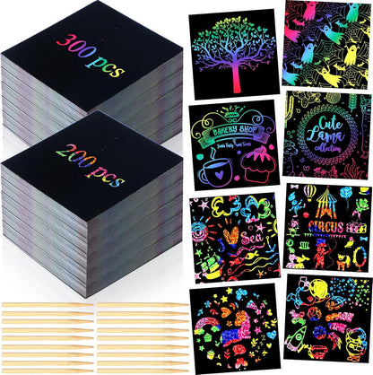 Lenwen Scratch Cards Rainbow Note Scratch Pads with 20 Bamboo Stylus for Adult Paper DIY Paper Craft Kits Birthday Party Favors Supplies(Rainbow Mix,500)