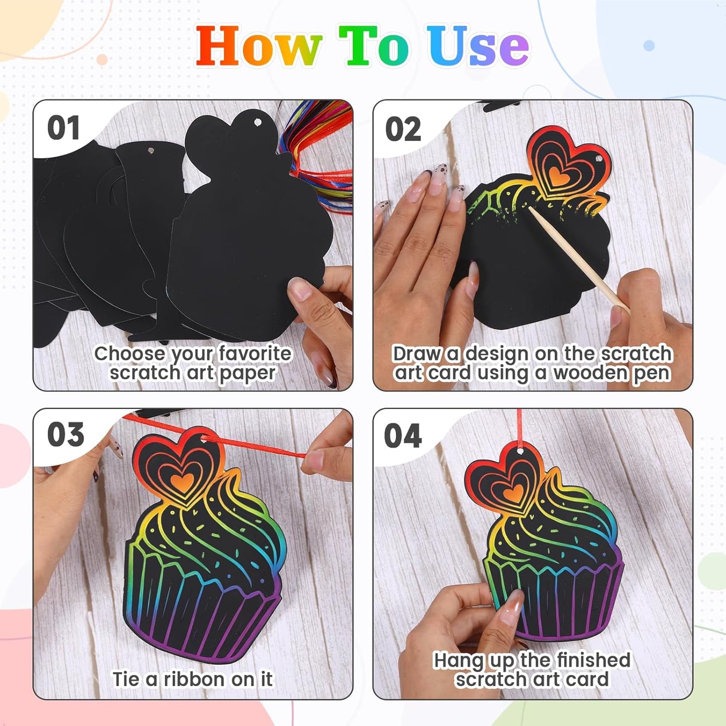 ShioShin 42 Pack Valentine's Day Rainbow Scratch Paper, DIY Rainbow Scratch Art, Scratch Art Party Favors with Wooden Styluses and Pieces Ribbons, Valentines Crafts for Creative Gifts Holiday Decor