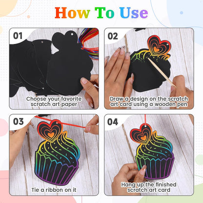 ShioShin 42 Pack Valentine's Day Rainbow Scratch Paper, DIY Rainbow Scratch Art, Scratch Art Party Favors with Wooden Styluses and Pieces Ribbons, Valentines Crafts for Creative Gifts Holiday Decor