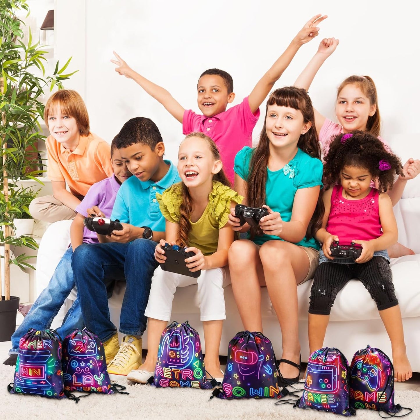 Huhumy 16 Pcs Video Game Party Favor Neon Game Drawstring Bags 12 x 10 Inch Video Theme Gifts Goodie Treat Candy Bags Party Supplies for Boys Girls for Kid Birthday