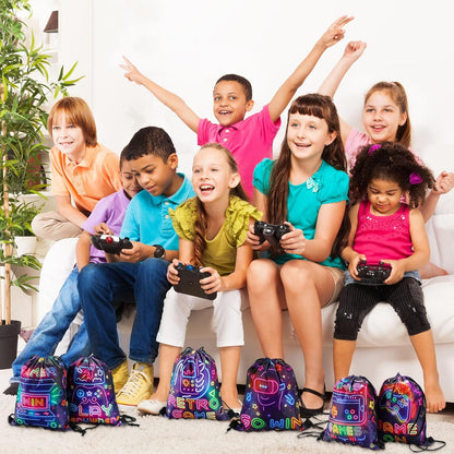 Huhumy 16 Pcs Video Game Party Favor Neon Game Drawstring Bags 12 x 10 Inch Video Theme Gifts Goodie Treat Candy Bags Party Supplies for Boys Girls for Kid Birthday