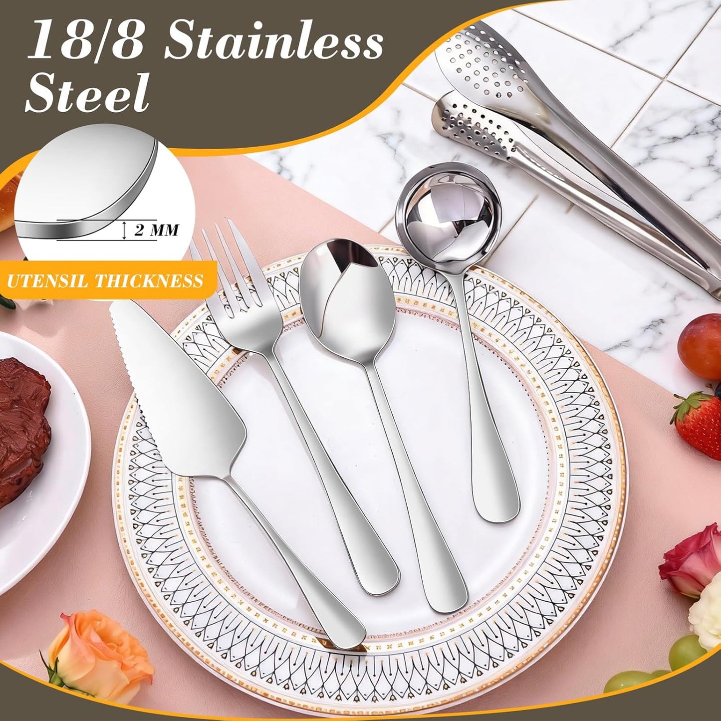10PCS 18/8 Stainless Steel Serving Utensils Set for Parties, Kitchen Serving Tools-Include Serving Spoons, Slotted Spoons, Serving Forks Tongs Soup Ladle, Cake Pie Server for Buffet, Wedding