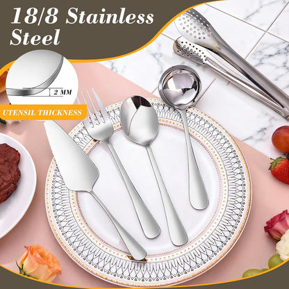 10PCS 18/8 Stainless Steel Serving Utensils Set for Parties, Kitchen Serving Tools-Include Serving Spoons, Slotted Spoons, Serving Forks Tongs Soup Ladle, Cake Pie Server for Buffet, Wedding