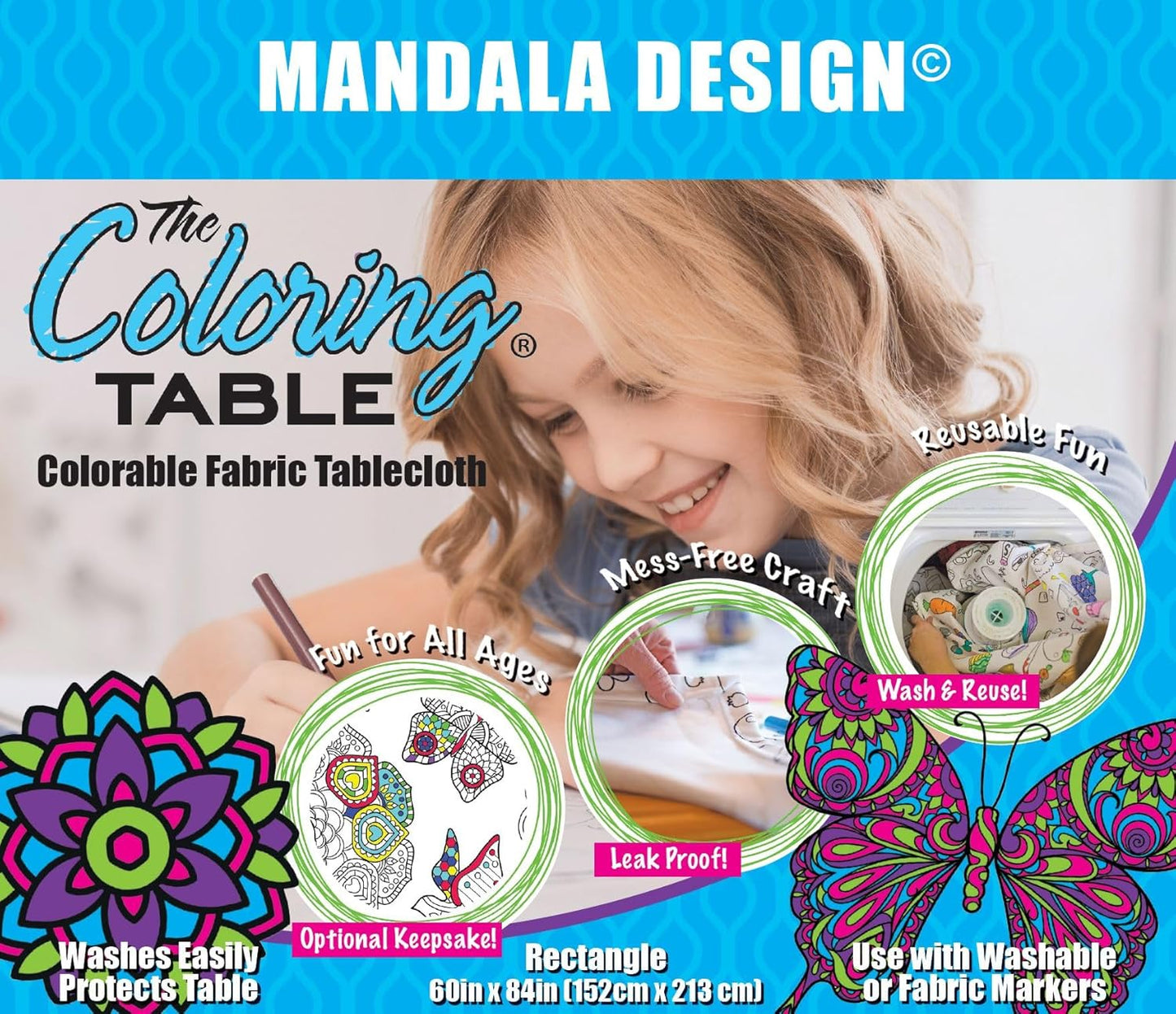 Animal Fun Design – Square Tablecloth 60”X60” – Interactive Coloring Tablecloth for Kids - Poly/Cotton Fabric – Washable and Reusable – DIY Activity for Children and Adults