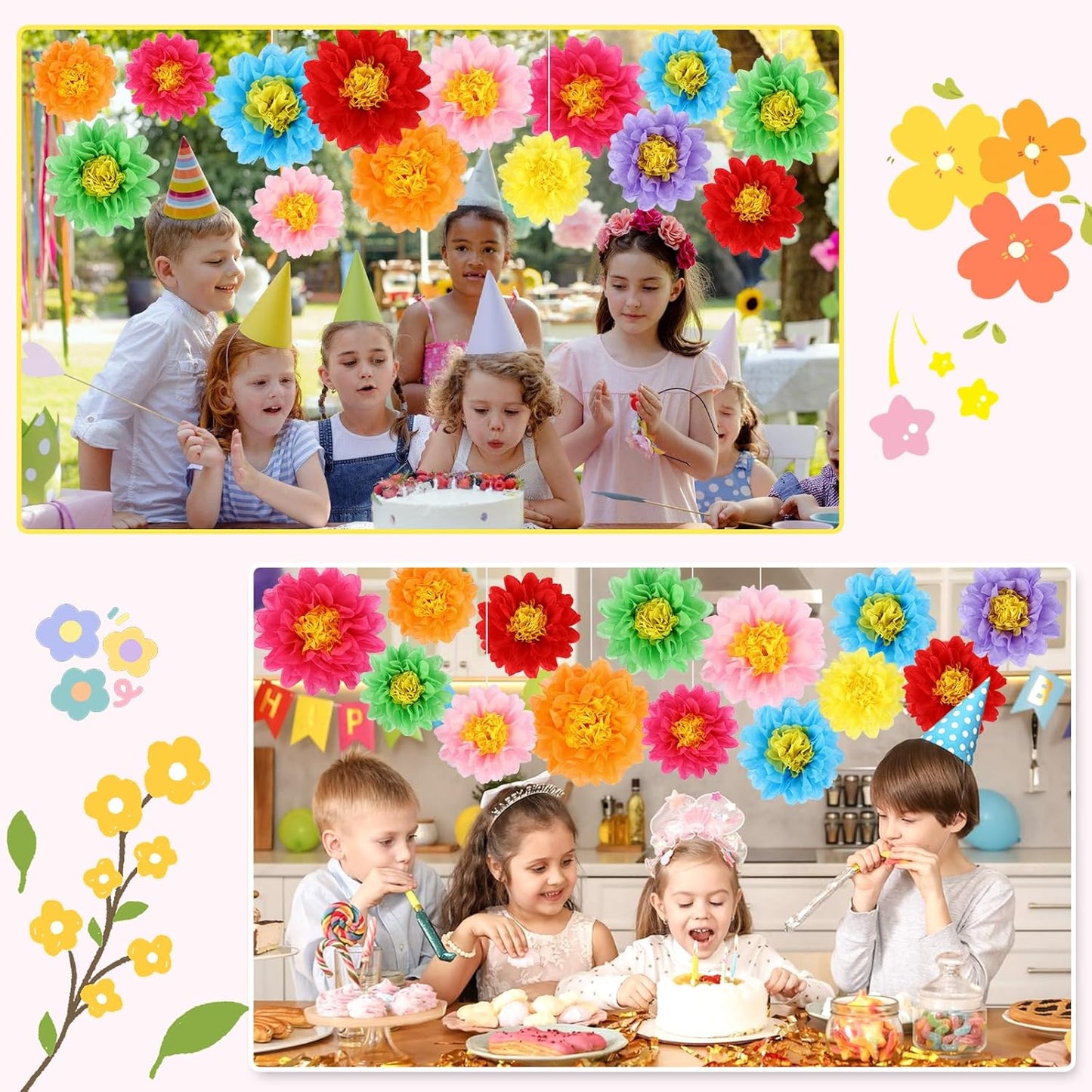 BestoFun 14 PCS Orange & Hot Pink Tissue Paper Flowers – Vibrant Party Decorations for Birthday, Baby Shower, Wedding, Fiesta, and Holiday Events