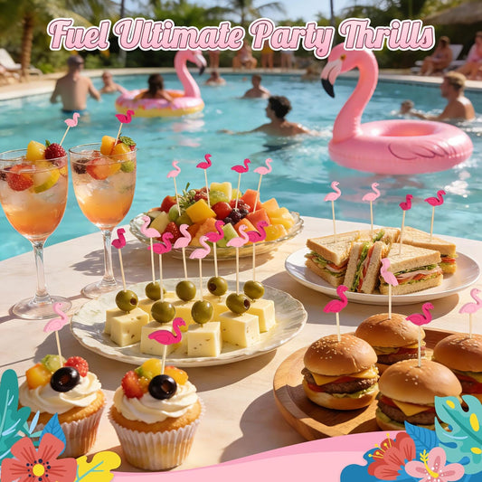 100 Pink Flamingo Cocktail Picks, 4.7 IN Decorative Toothpicks for Appetizers, Bamboo Fruit Skewers Charcuterie Sticks for Food Drinks, Summer Tropical Hawaiian Luau Themed Party Decorations Supplies