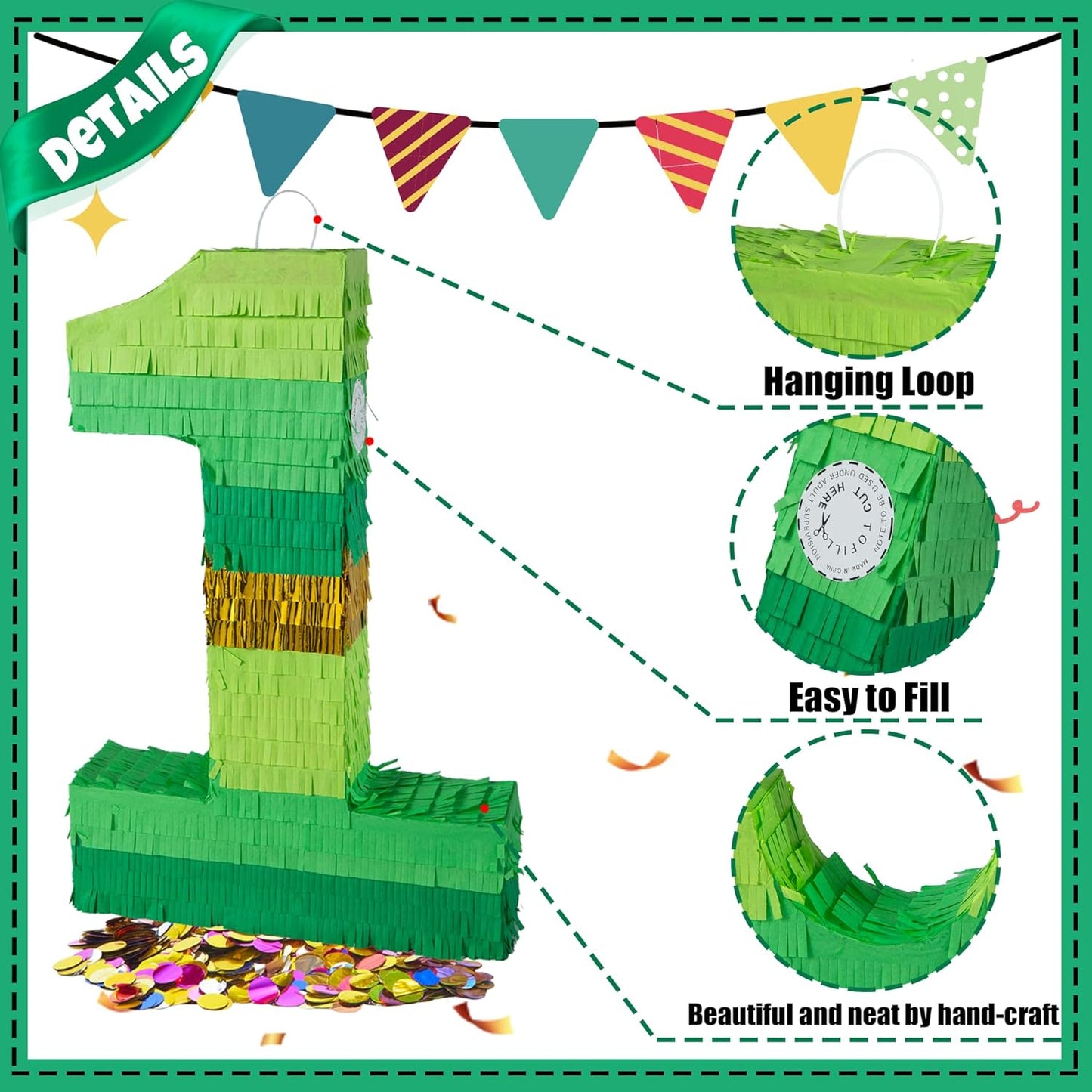 PCFING 20 Inch Number 1 Piñata Green Gold with 30 Inch Piñata Stick Blindfold Confetti for Boy Girl Adults Birthday Party Decorations, Anniversary Celebration, Fiesta