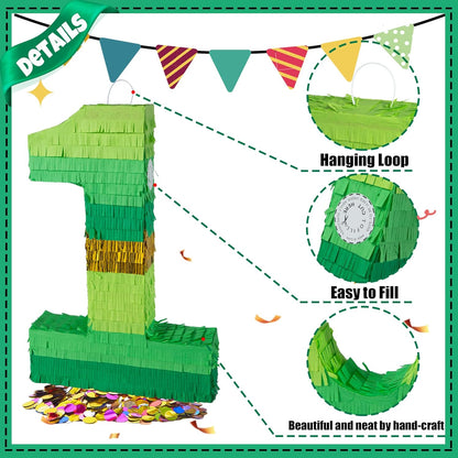 PCFING 20 Inch Number 1 Piñata Green Gold with 30 Inch Piñata Stick Blindfold Confetti for Boy Girl Adults Birthday Party Decorations, Anniversary Celebration, Fiesta